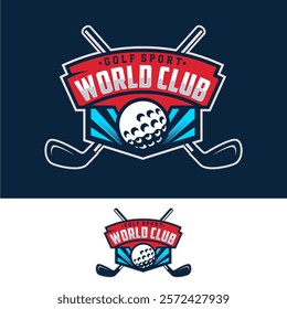 Badge emblem golf club, golf championship logo with golf ball and crossed golf sticks vector 