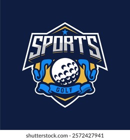 Badge emblem golf club, golf championship logo with golf ball and crossed golf sticks vector 