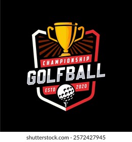 Badge emblem golf club, golf championship logo with golf ball and crossed golf sticks vector 