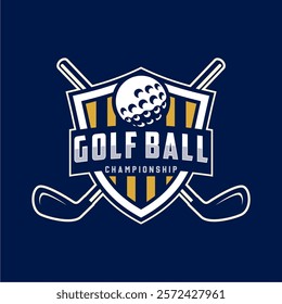 Badge emblem golf club, golf championship logo with golf ball and crossed golf sticks vector 