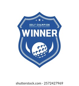 Badge emblem golf club, golf championship logo with golf ball and crossed golf sticks vector 