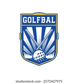 Badge emblem golf club, golf championship logo with golf ball and crossed golf sticks vector 