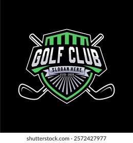 Badge emblem golf club, golf championship logo with golf ball and crossed golf sticks vector 