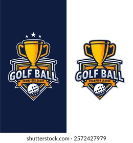 Badge emblem golf club, golf championship logo with golf ball and crossed golf sticks vector 