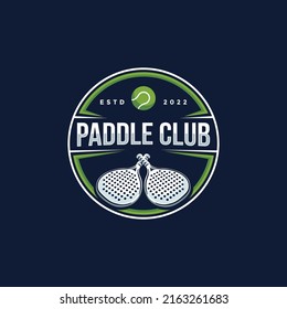 Badge emblem Paddle Tennis club logo design, paddle racket and ball vector on dark background