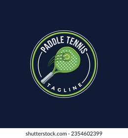 Badge emblem Paddle Tennis club logo design, paddle racket and ball vector on dark background