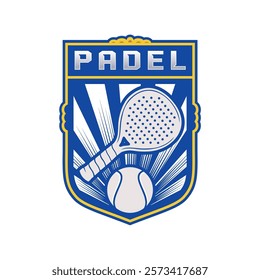 Badge emblem Paddle Tennis club logo design, paddle racket and ball vector on dark background