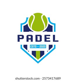 Badge emblem Paddle Tennis club logo design, paddle racket and ball vector on dark background