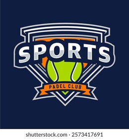 Badge emblem Paddle Tennis club logo design, paddle racket and ball vector on dark background