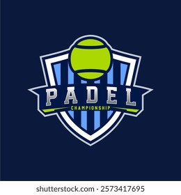 Badge emblem Paddle Tennis club logo design, paddle racket and ball vector on dark background