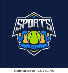 Badge emblem Paddle Tennis club logo design, paddle racket and ball vector on dark background