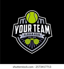 Badge emblem Paddle Tennis club logo design, paddle racket and ball vector on dark background