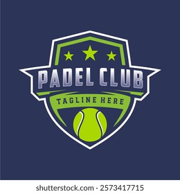 Badge emblem Paddle Tennis club logo design, paddle racket and ball vector on dark background