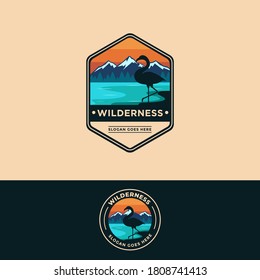 Badge Emblem Patch Wilderness Outdoor Flamingo On Lake Mountain Landscape Logo Vector Illustration Set