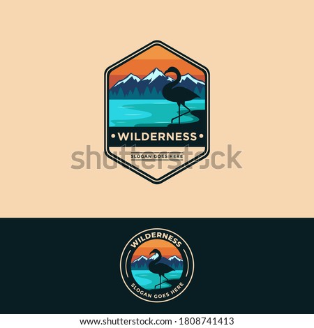 Badge emblem patch wilderness outdoor flamingo on lake mountain landscape logo vector illustration set
