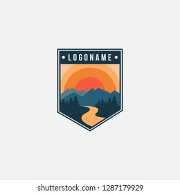Badge emblem seal mountain and river landscape adventure logo icon vector template on white background