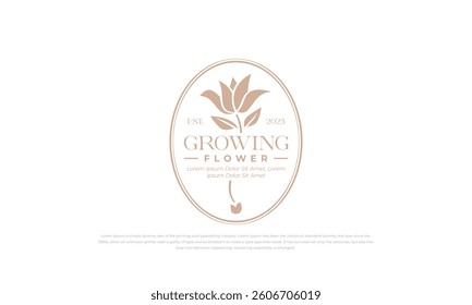 badge, emblem, sign, stamp style logo for GROWING FLOWER with hazelnut color. classic vintage style.