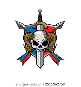 Emblema ou emblema com crânio de demônio e tema de armas