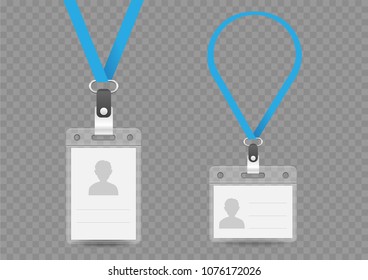 Badge empty template with shadow and blue lanyard on transparent background. Identification id card mockup set