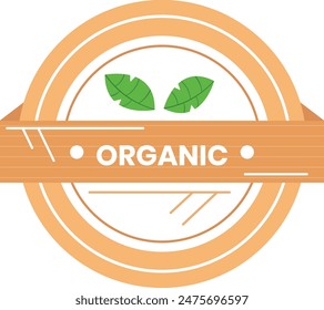 insignia cuenta con dos hojas verdes Anuncio de madera dice Orgánico. Elementos naturales emblemáticos rodeados que promueven productos ecológicos. Fondo blanco aislado, embalaje de diseño limpio