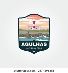 Badge featuring Agulhas National Parks lighthouse, ocean, and bird. Perfect for nature enthusiasts, park enthusiasts, travel blogs, and conservation organizations.