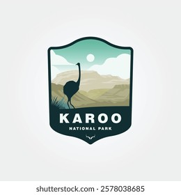 Badge featuring Karoo National Park with an ostrich and mountains, suitable for outdoor adventure logos, travel websites, and conservation projects.
