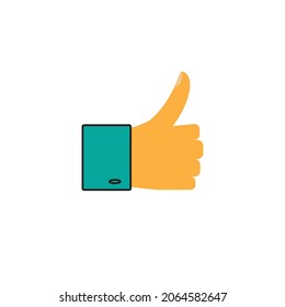 badge, flat design style, approval symbol with thumbs up, isolated on white background