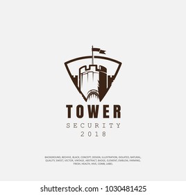 badge of fortress. concept of protection, a logotype of building a castle in a shield, an illustration of a historical museum