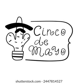 Badge with funny cactus. Cinco de Mayo. Mexican national holiday. Vector hand drawn illustration on white background.