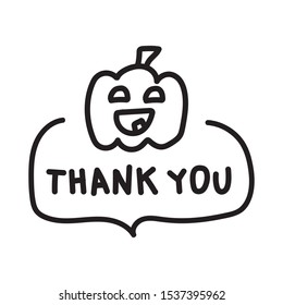 Badge with halloween pumpkin - thank you! Lettering vector illustration on white background.