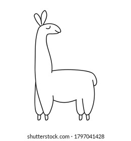 Badge, hand drawn cute llama icon. Vector black and white outline illustration isolated on white background. Coloring book page.