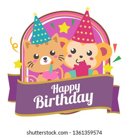 badge of happy birthday cute cat monkey template