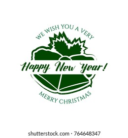 Badge Happy New Year with Hand Drawn Lettering and Bells Icon Isolated on White Background. Green Logo Emblem Vector Illustration for Web Graphic Design or Print, Logotype, Brand, Symbol.