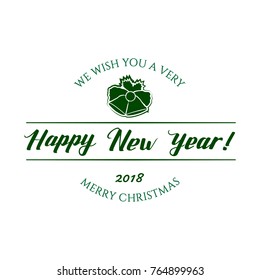 Badge Happy New Year with Hand Drawn Lettering and Bells Icon Isolated on White Background. Green Logo Emblem Vector Illustration for Web Graphic Design or Print, Logotype, Brand, Symbol.