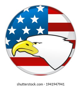 Badge with head of bald eagle and American flag, vector