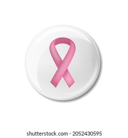 Badge with heart formed pink ribbon for breast cancer month. Set of illustration with white and pink pins in back and front view with shadow and modern ribbon symbol.