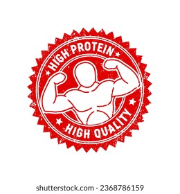 Badge of high protein. High quality red grunge rubber stamp. Design elements for labels, stickers, banners, posters for food and health business. Vector illustration.