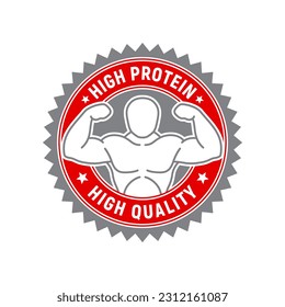Insignia de alta proteína. Sello de caucho rojo y gris de alta calidad. Elementos de diseño para etiquetas, pegatinas, carteles, afiches para el negocio de la alimentación y la salud. Ilustración vectorial.