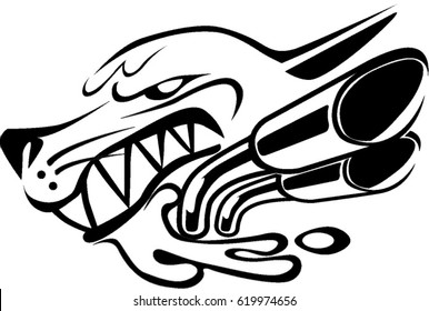 Badge of hungry and angry wolf with powerful muffler