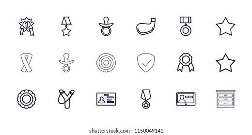 Badge icon. collection of 18 badge outline icons such as pacifier, star, sligshot, star, award, ribbon, golf stick, number 1 medal. editable badge icons for web and mobile.