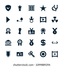 Badge icon. collection of 25 badge filled icons such as pacifier, ribbon, medal, top of cargo box, quotation, play, sheriff, dollar. editable badge icons for web and mobile.