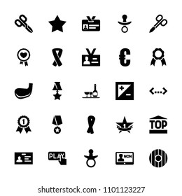 Badge icon. collection of 25 badge filled icons such as pacifier, manicure scissors, ribbon, euro, quotation, light exposure. editable badge icons for web and mobile.