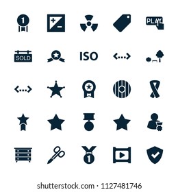 Badge icon. collection of 25 badge filled icons such as nightstand, manicure scissors, tag, star, shield, medal, quotation, play. editable badge icons for web and mobile.