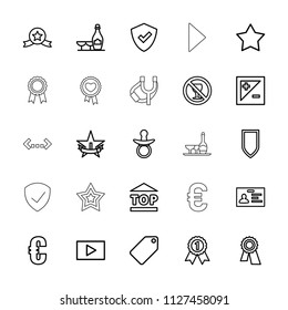 Badge icon. collection of 25 badge outline icons such as pacifier, tag, star, champagne and wine glasses, award, euro, shield. editable badge icons for web and mobile.