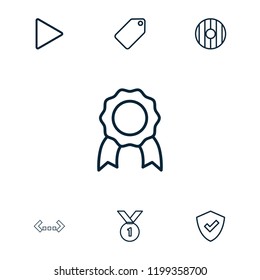 Badge icon. collection of 7 badge outline icons such as tag, shield, medal, play, number 1 medal. editable badge icons for web and mobile.