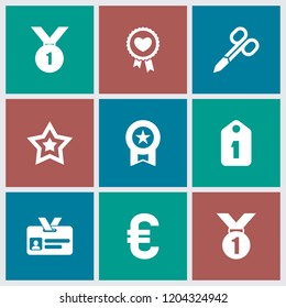 Badge icon. collection of 9 badge filled icons such as manicure scissors, medal, number 1 medal, tag, star, euro. editable badge icons for web and mobile.