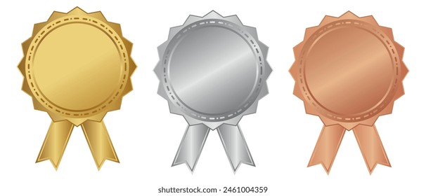 Plaketten-Symboldesign. Goldene, silberne, bronzene Medaille mit Band. Auszeichnung, Medaille und exklusive Mitgliedschaft Badge Design.  Vektorillustration. 