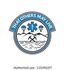 Badge icon illustration fro sea, air and land rescue showing a parachute, paramedic symbol, crossed mountain ice axes set inside circle on isolated background with words "That Others May Live".