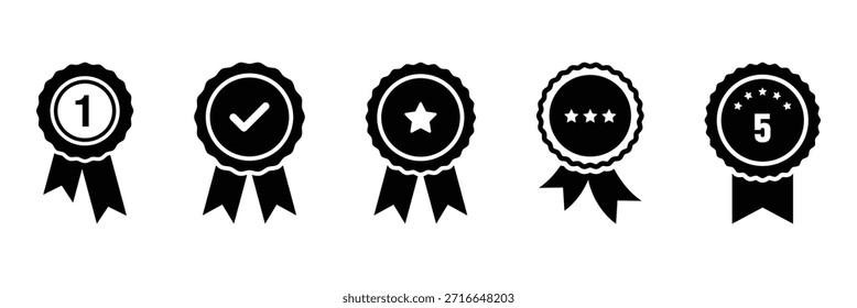 Badge-Symbol oder Logo-Paket. Symbol für genehmigte oder zertifizierte Medaillen. Symbol für die Genehmigungsprüfung. Auszeichnung, Preis, Medaille oder Ausweis.