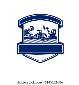 Badge icon retro style illustration of heavy equipment used in tree mulching, bush hogging and excavation services set inside shield on isolated background done in blue and white.
